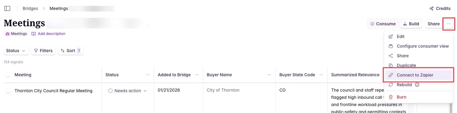 The overflow menu on a Starbridge Bridge with Connect to Zapier highlighted
