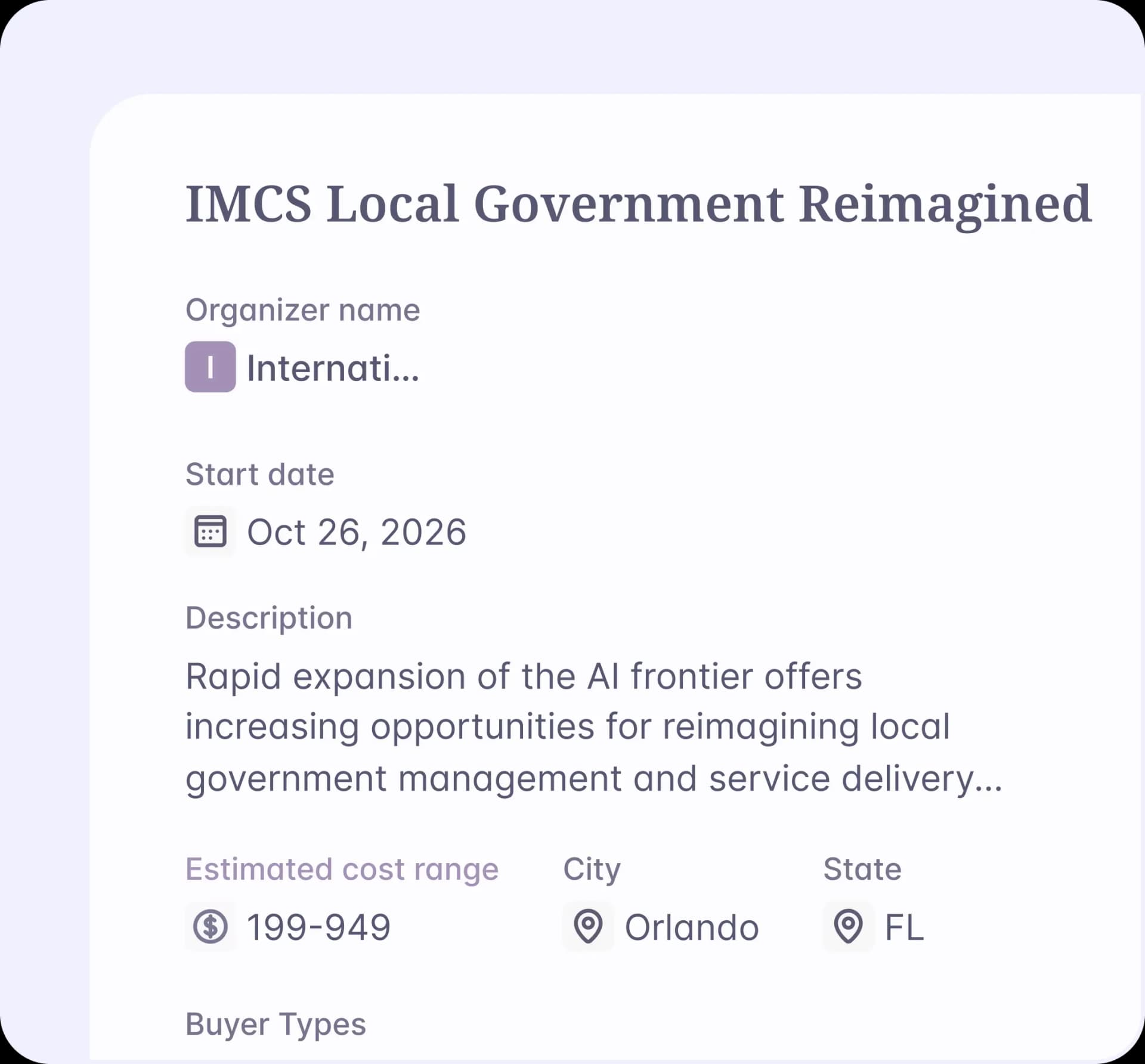 A Starbridge conference record for IMCS Local Government Reimagined, listing the organizer, start date, description, estimated cost range, city and state